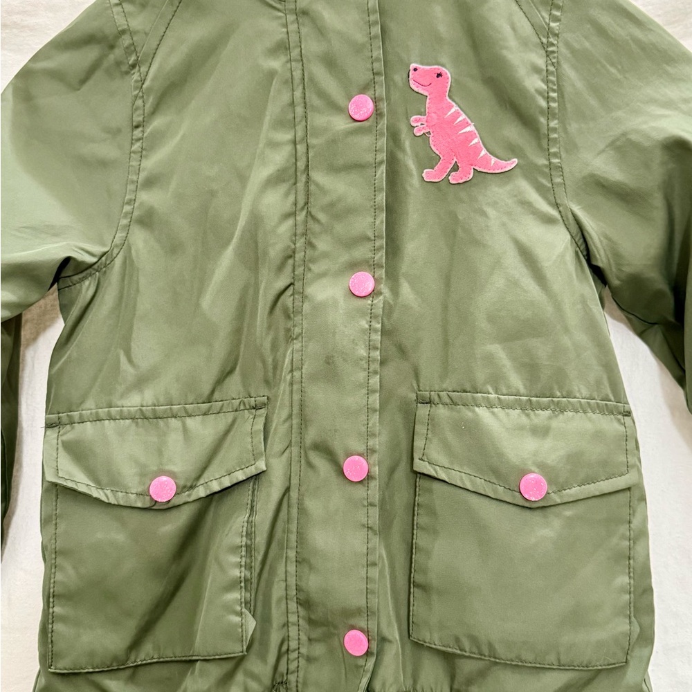 Carter’s Girls Hooded Spring Dino Army Green & Poka Dot Fleece Lined EUC Size 7